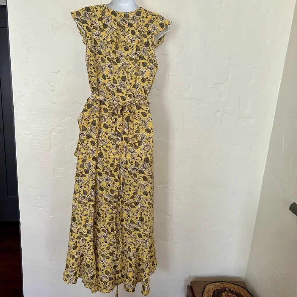 Max Studio Yellow Floral Boho Midi Wrap Dress Summer Spring Size Medium